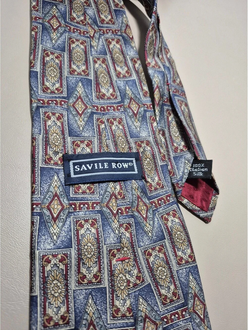 Savile Row 100% Silk Geometric Necktie Blue Burgundy Gold Wide 4 Inch Vintage